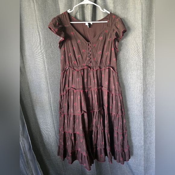 Sundance Maple Midi Dress Size Petite Medium Brown Ditsy Floral Ruffle Short Slv - Picture 1 of 6
